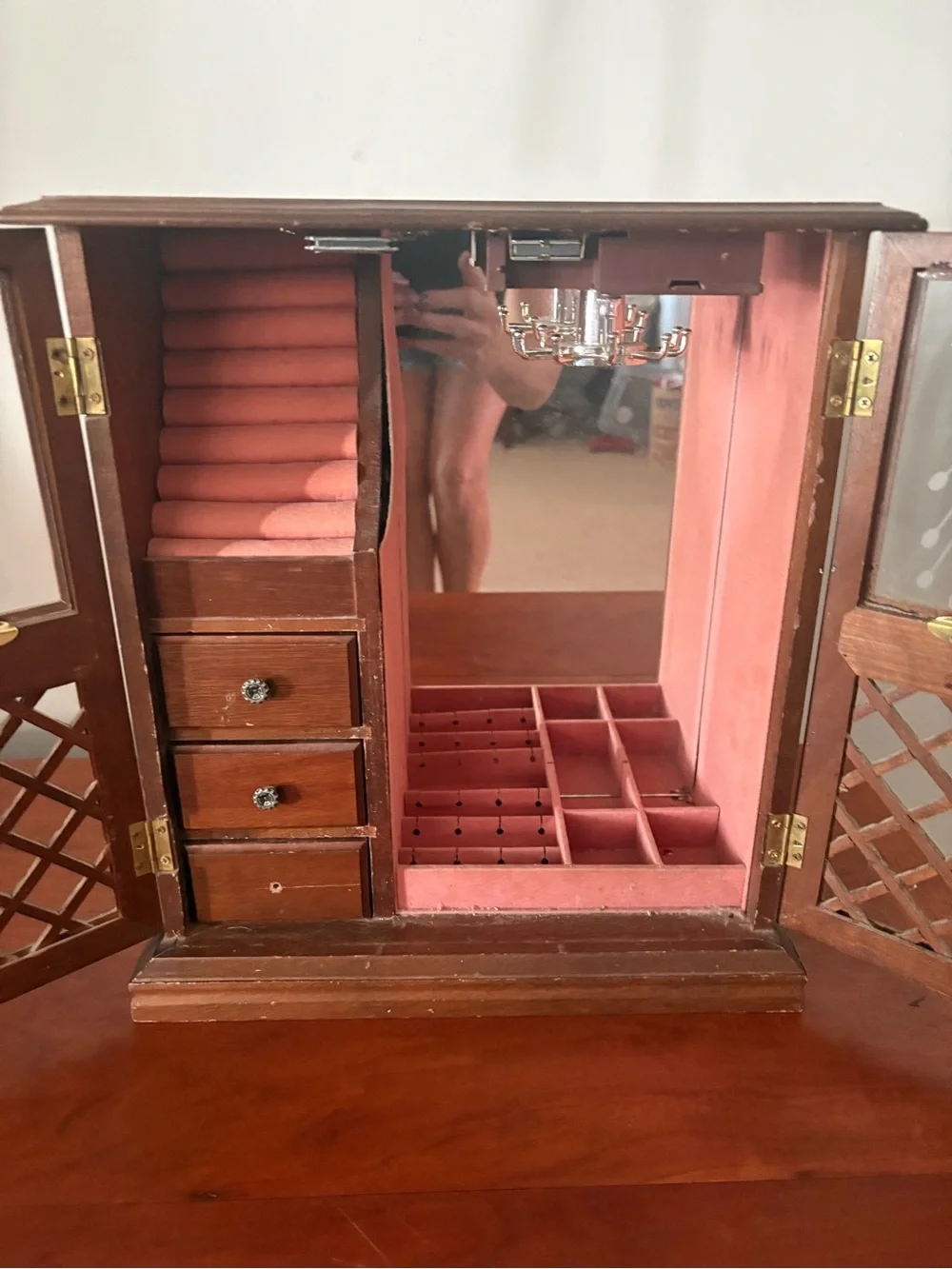 Wood Jewelry Armoire Box Etched Glass Doors Mirror